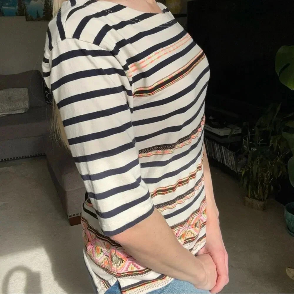J. Crew Striped Embroidered 1/2 Sleeve Top Small - Picture 6 of 9